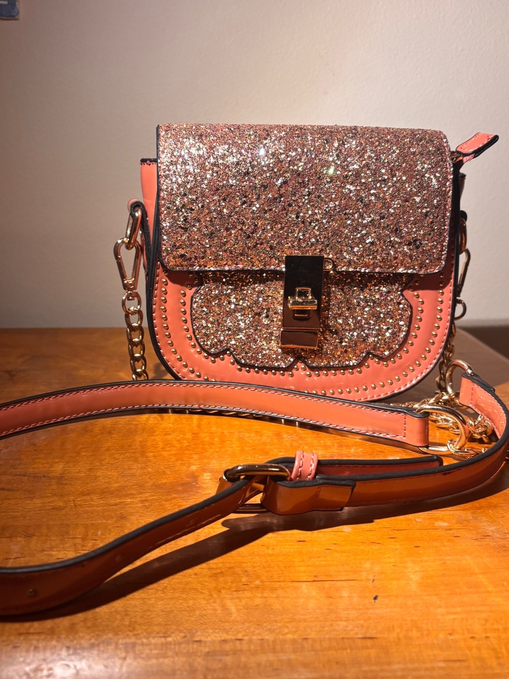 Coral Glitter Crossbody Saddle Bag w/ Gold-Tone Hardware - New